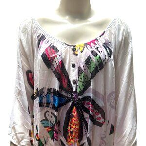 Crimson Ivy Off Shoulder Blouse Flower Print Rhinestone Accents Sz S Multicolor